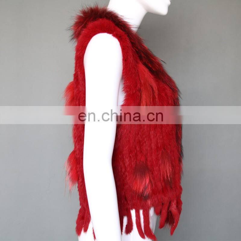 Factory direct supply genuine rabbit fur gilet with fur tassel handmade