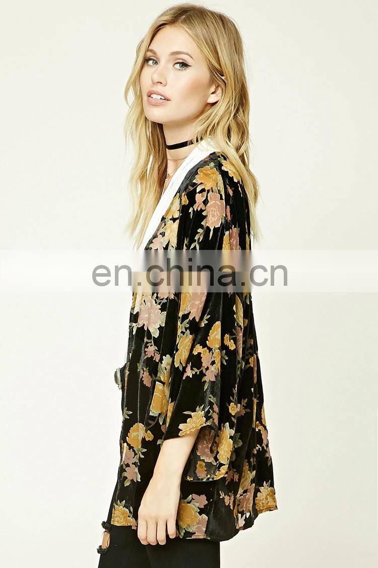 Beautiful design floral print three quarter length sleeve contemporary velvet kimono CK009
