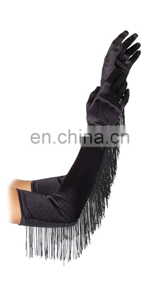 Beauty's Love elbow length satin glove with fringe trim fashion costume accesssory factory wholesale bridal ladies cheap gloves