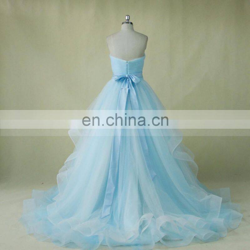 Backless Tulle Light Blue And White Wedding Dress