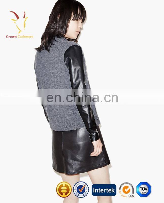 Woolen Female Cardigan Sweater with Leather Sleeve