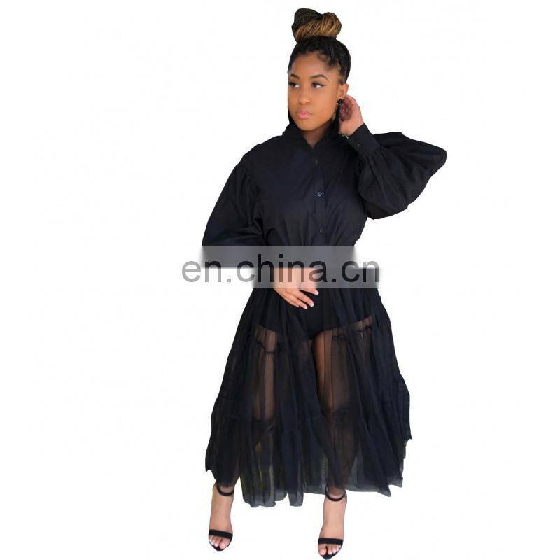 (Belt not included) Customized new women's fashion big size nightclub mesh translucent stitching long sleeve dress