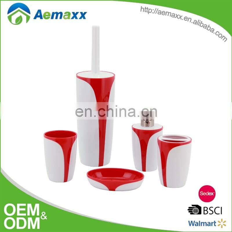 Double color white and red complete plastic bathroom accessories decoration for bathroom 5 pcs set