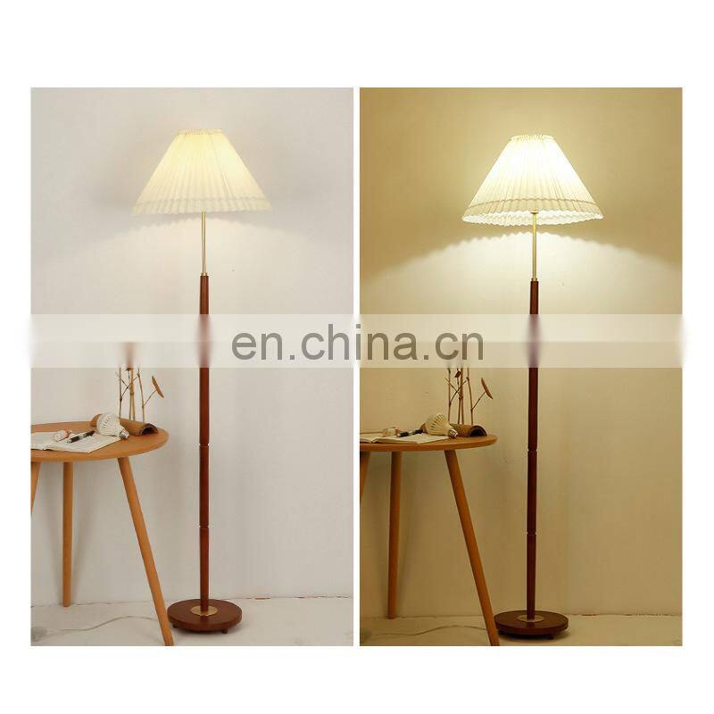 Retro Walnut Led Standing Floor Lamp Fabric Lampshade Nordic Simple Living Room Bedroom Study Home Lighting Floor Lights