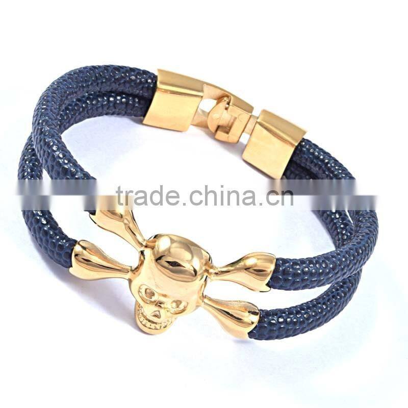 Wholesale Customized Logo Genuine leather silver gold skull bangle bracelet for ARSL-04599