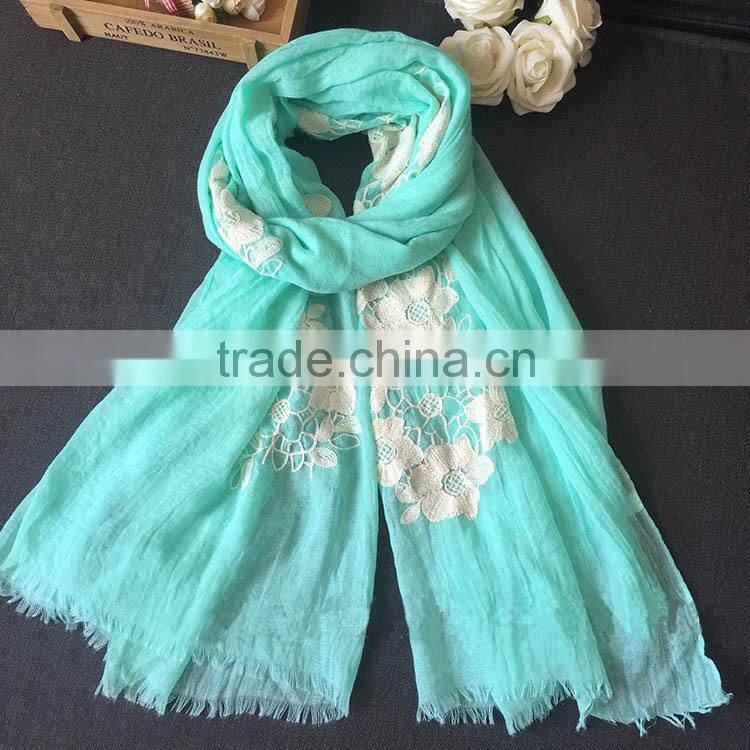New Style Flower Embroidery Design Fashion Woman Cotton Viscose Scarf