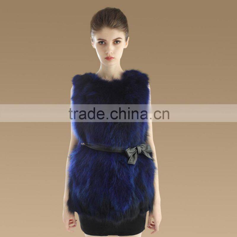 Long style 2015 Winter Elegant red color Lady Real Raccoon Fur Vest with Belt