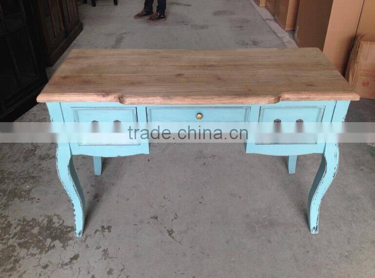 Rustic French Vintage Blue Wood Carved Entryway Console Table