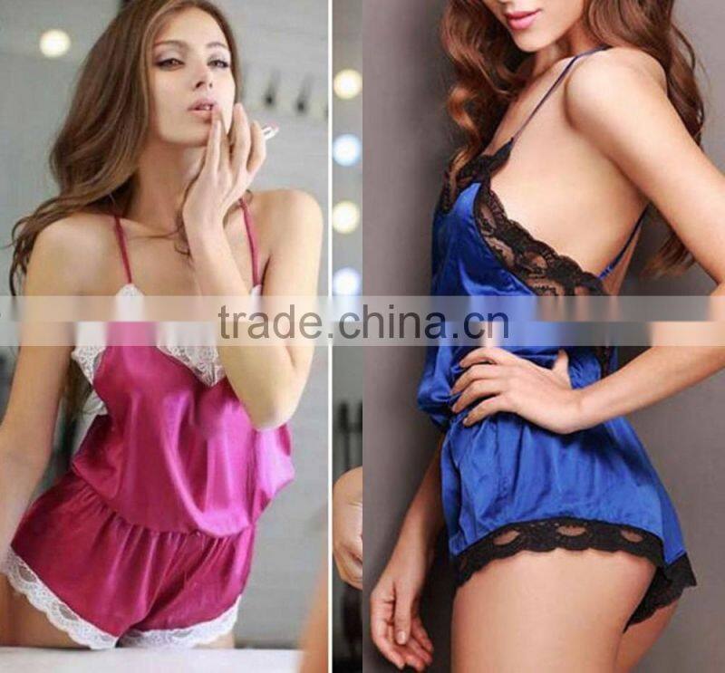 New Sexy Satin Lace Robe Sleepwear Lingerie Nightdress G-string Pajamas Women