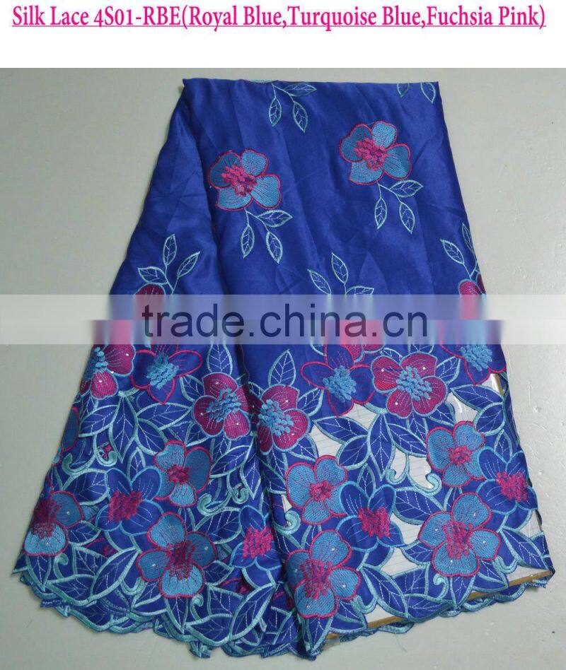 Latest design 100% polyester multicolour silk lace fabrics for party dress with a lot of stones