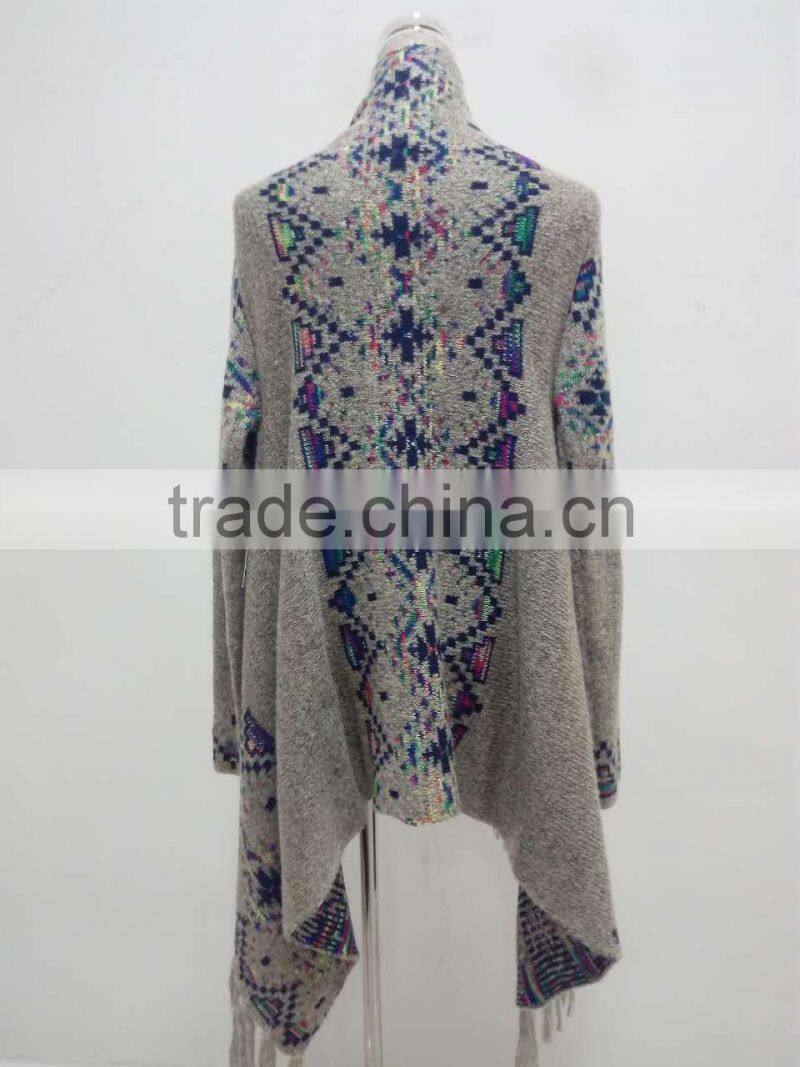 Ladies elegant multi color knitted cardigan with fringes