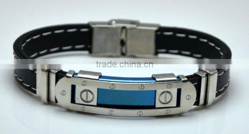 2016 New Trend Fashion Double Black Leather White Thread Blue Silver Button Tiny Circle Steel Mens Genuine Leather Bracelets
