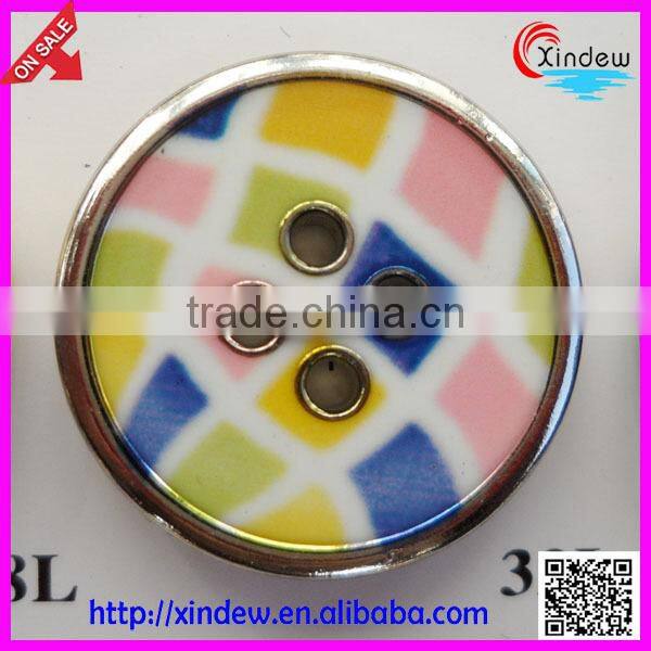 Fashion design flower printing plastic buttons with metal ring