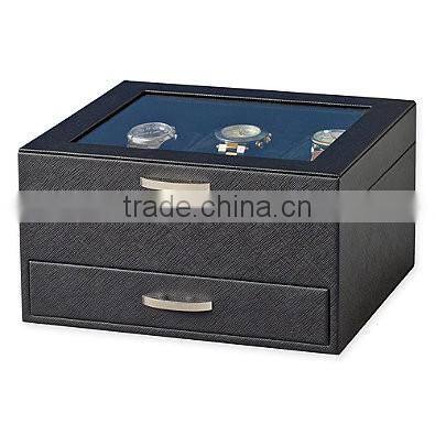 Watch Box Black Leather Display Glass Top Jewelry Case Organizer