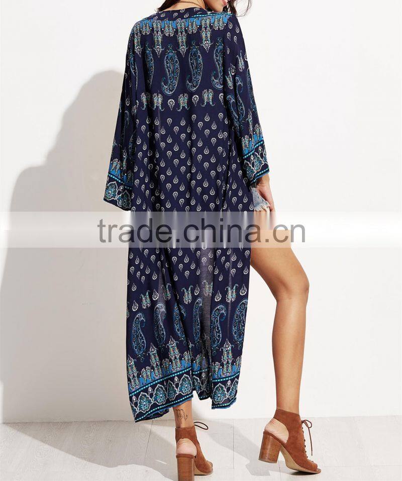 high fashion Long Sleeve cardigan jacket kimono Paisley Print Long Maxi Kimono