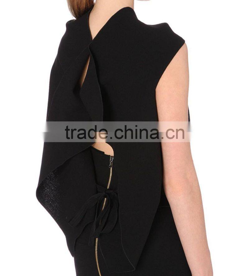 Wholesale Women Apparel Cap Sleeves Cowl Neck Textured Asymmetric Hem Wool-crepe Blouse(DQE0262T)