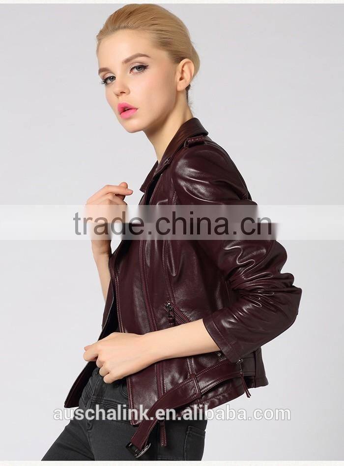 newest german style lady pure lambskin trendy red wine leather jacket
