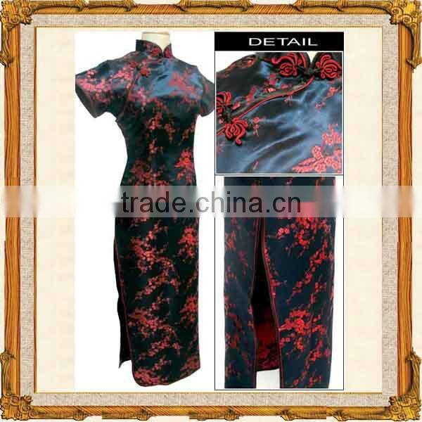 Long length dark blue chinese style silk cheongsam dress