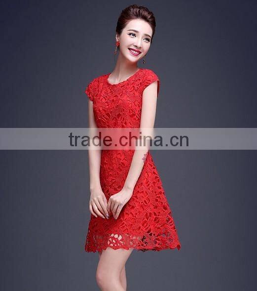 newest red lace plain young girl short sleeve casual dress