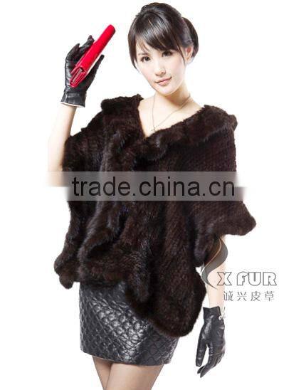 CX-B-M-15 Ladies Latest kintted Real Mink Fur Woman Fashion Black Fur Shawl