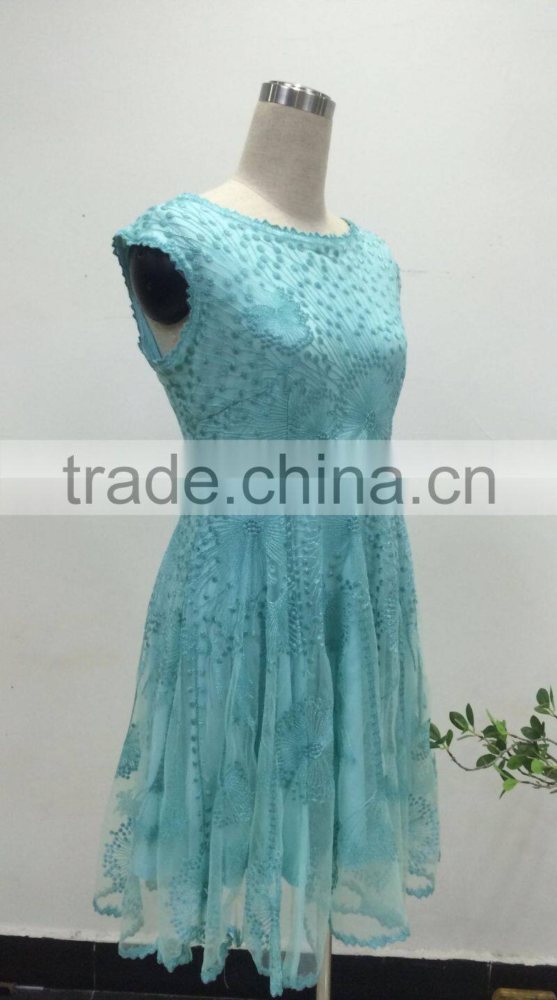 latest ladies mesh embroidery floral sleeveless mini casual lace dress
