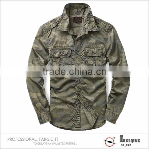 Cotton fashion olive green military style long sleeve shirt