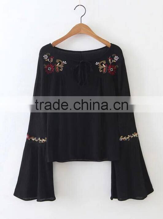 Runwaylover EY2366B Ladies Fashion Flare Sleeve Embroidery Blouse