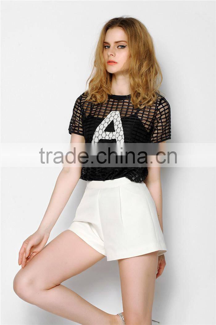 hollow out net designed sports style latest summer fashion women blouses elegant, lace embroidery blouse