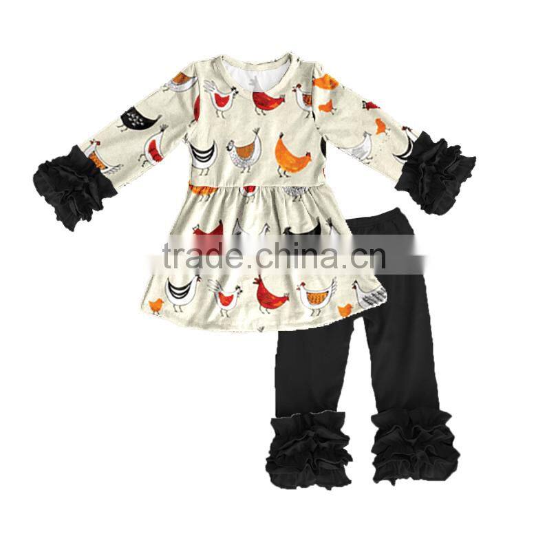 CH00294YIWU BOYA Cotton milk silk ruffle dress kids clothes black chook prints wearing boutique dresses