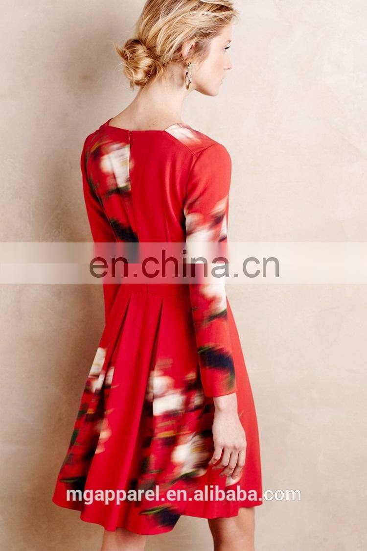 china supplier fashion women long sleeves fitted sexy v neck red fit and flare floral print dress