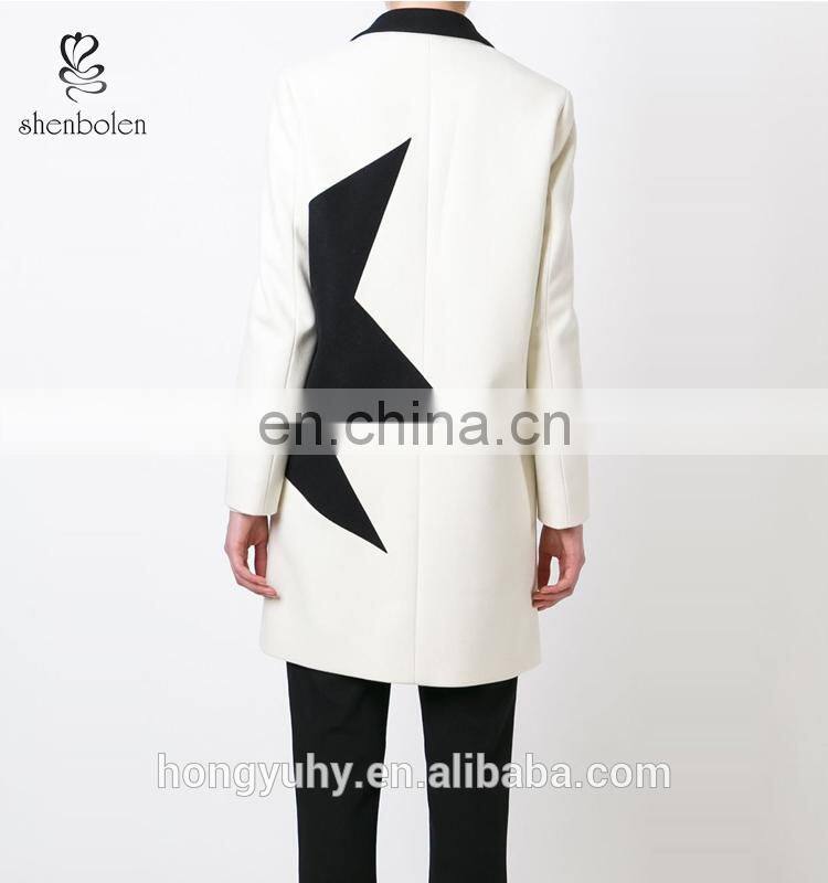 China Clothing Supplier Custom Female Wool Coat Notched Collar with Contrast Star Women's Coat