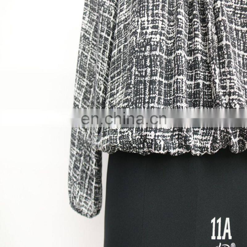 women elastic cuff hem braided collar abstract print blouse