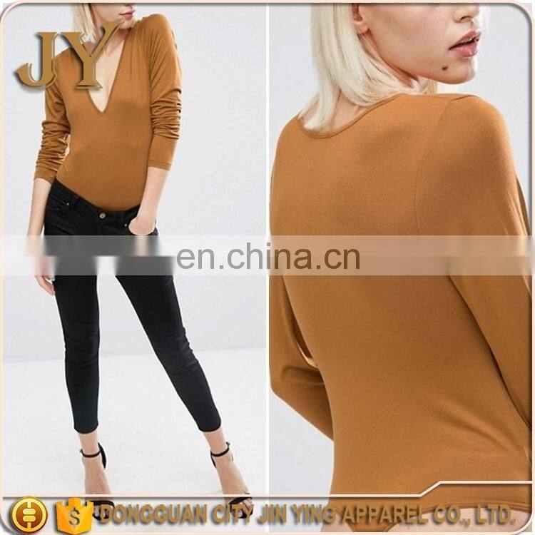 Custom Causal Long Sleeve T-shirts V-neck Tops Tan Color Tops for Women Tops for Women