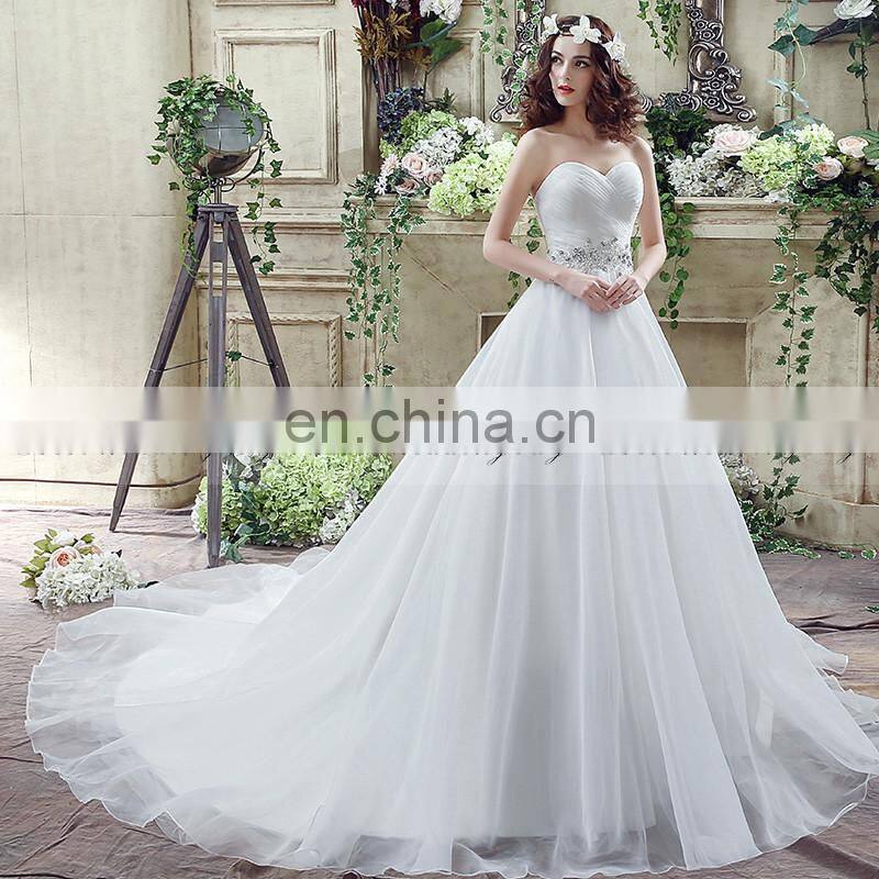 Glamorous Sweetheart Sleeveless Beaded Belt Lace-Up Court Train Organza Wedding Dresses SQS040