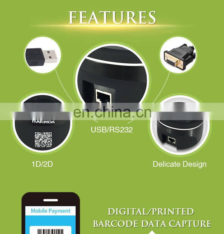 Rakinda Desktop 1D 2D Barcode Reader Scanner for Mobile Payment with USB and White LED Light Source