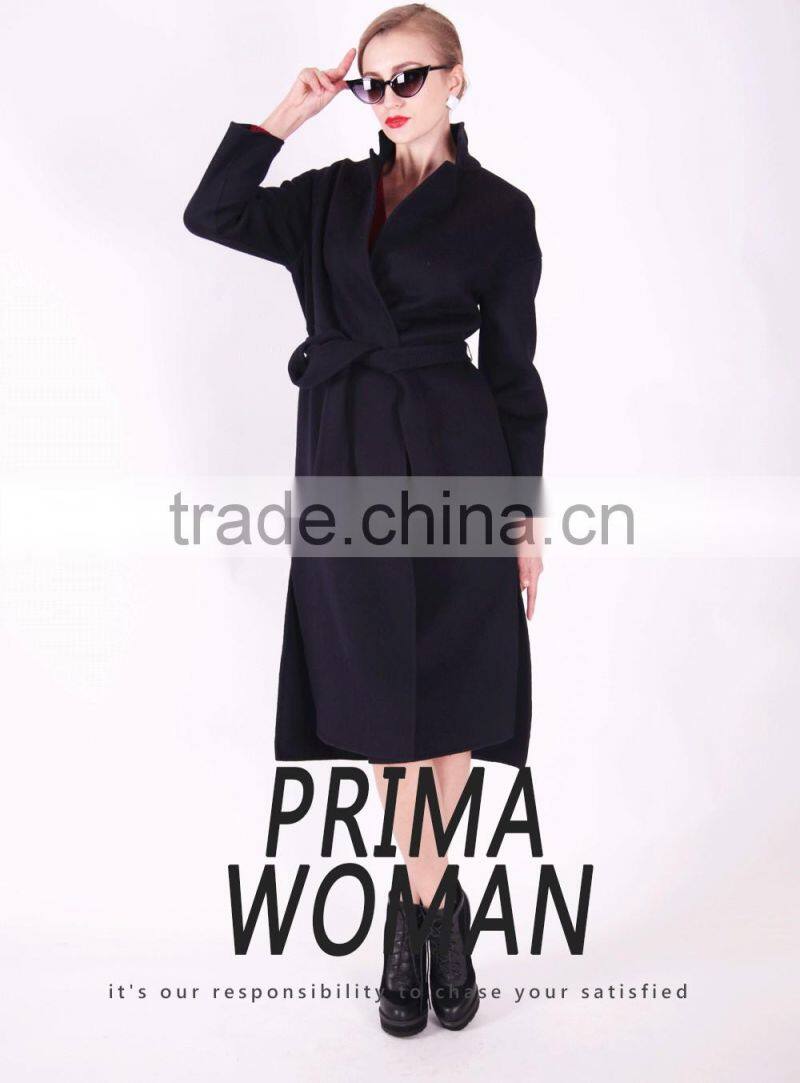 2016 New Design Spring Women Length Slim Fit Wool Trench Coat With Belt