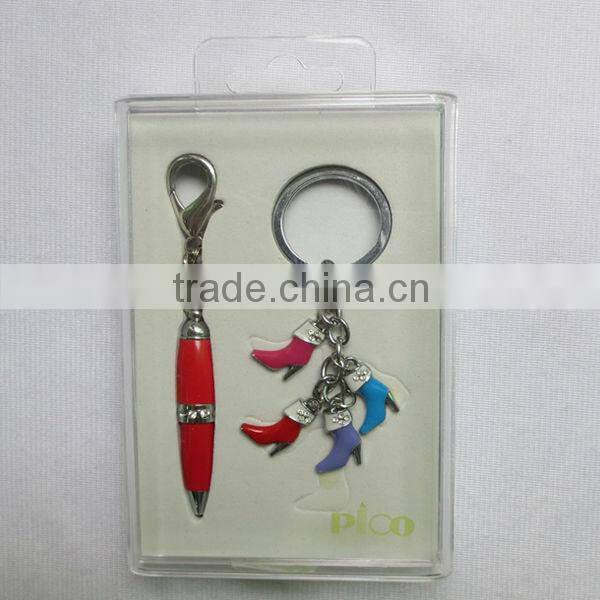Different lacquered color mini ballpoint pen with keychain and boots keychain packed in gift box