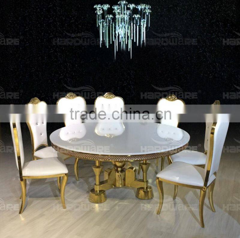golden stainless steel round wedding dining table with led light MDF top