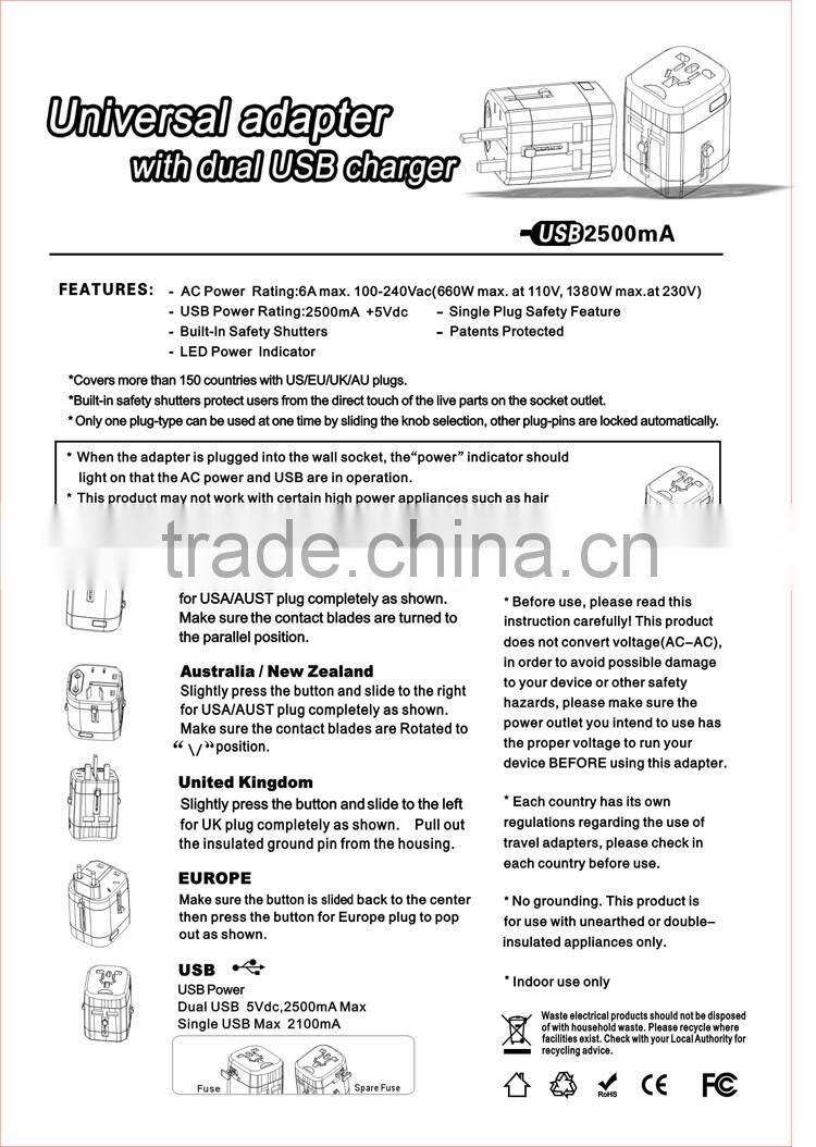 UK/EU/AU/US plug 5V2.5A Travel usb charging power socket adaptor CE ROHS approved with universal outlet