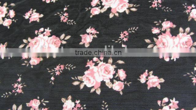 pink flower on black mesh half shiny mesh Spandex nylon 70210 Elastic kids shoes fabric