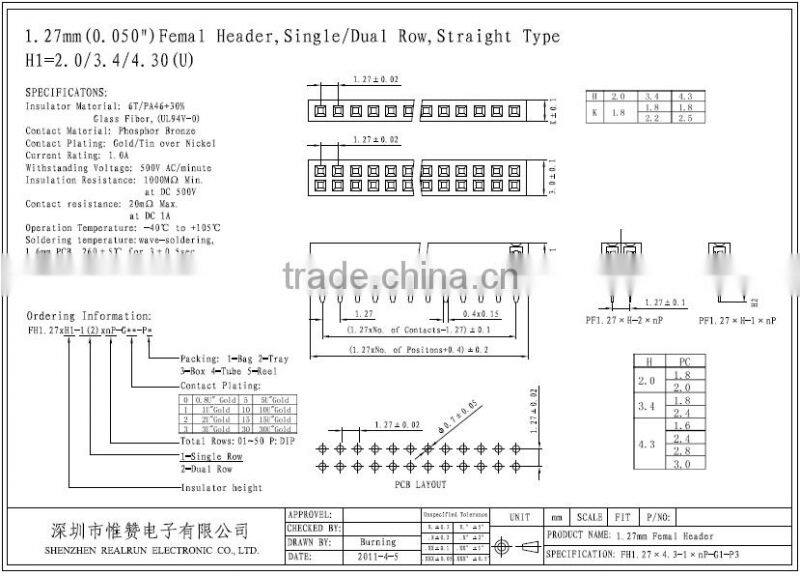 High Quality 1.27mm Pitch SIngle Row DIP Female Header