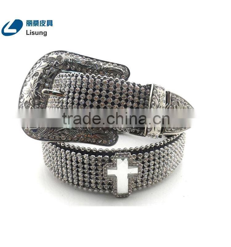 Wholesale Cheap Western Cross Hardware Studded Rhinestone Strap Belt With Flower Buckle Set