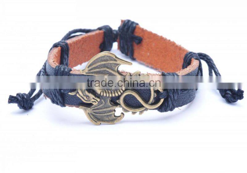 Genuine Leather Bracelet Adjustable with Antique Brass Dragon Accessory.