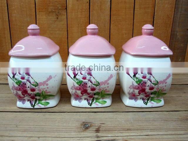 Morning Glory Decal Ceramic Tea Coffee Sugar Jars Set with Pink Lid