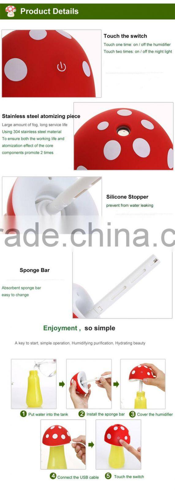 New mushroom lamp led night light usb humidifier purifier air diffuser atomizer