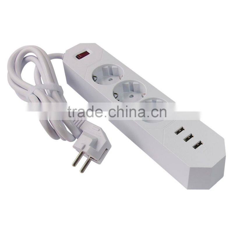 OEM/ODM EU Plug White Extension Power Strip USB Switch Socket with 3 USB Charger