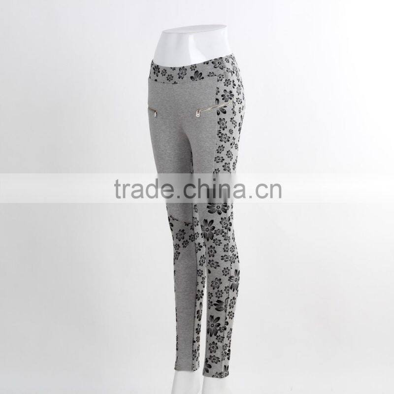 F5W31069 Women Flower Print Two Front Zippers Leggings