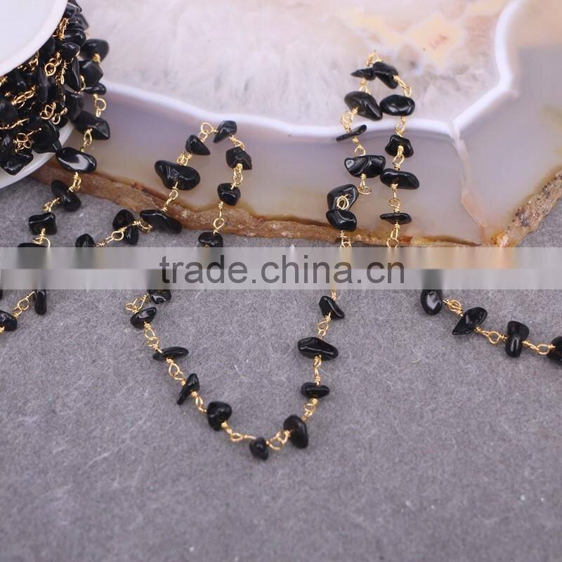 Black Stone Chip Beads Chain, Golden plated Brass Wire Wrapped Rosary style Chains Necklace Jewelry Findings Rosary Chain