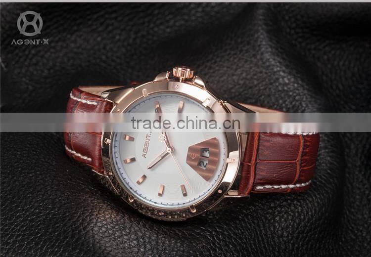 Date Rose Gold Case Analog Leather Strap Male Quartz Clock Men Business Watch