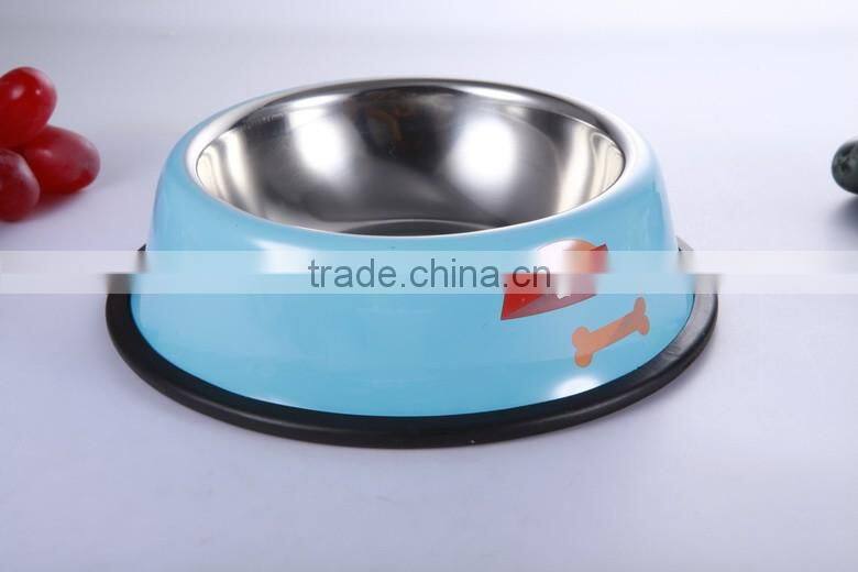 High quality stainless steel 18/8 pet bowl with melamine base, double dog bowl for both water and food